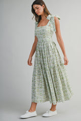 JULIET PRINTED SHOULDER TIE MIDI DRESS