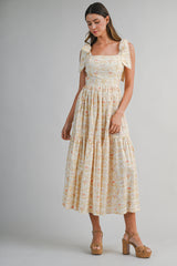 JULIET PRINTED SHOULDER TIE MIDI DRESS