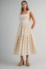 JULIET PRINTED SHOULDER TIE MIDI DRESS