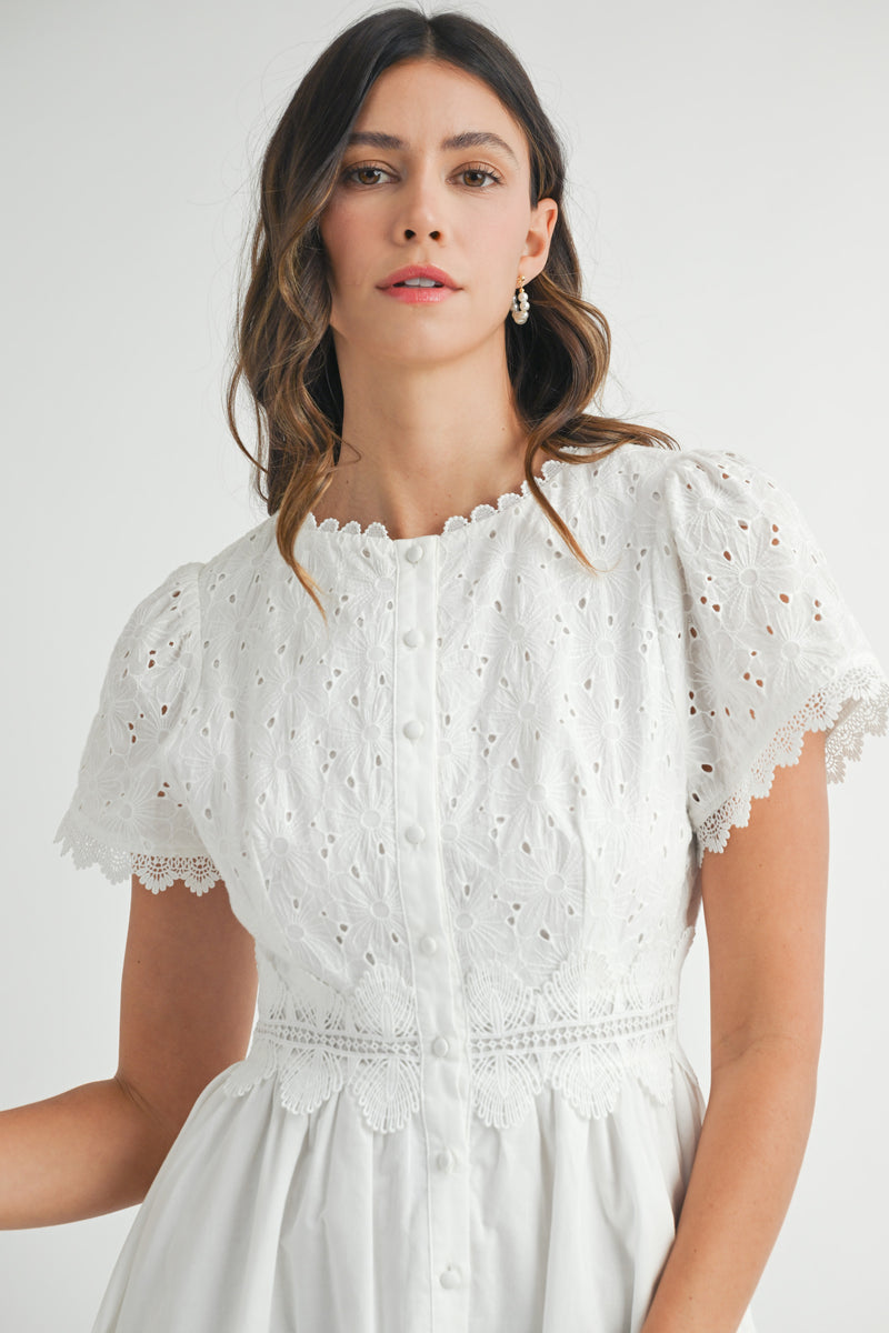 EILEEN EYELET FIT AND FLARE MINI DRESS