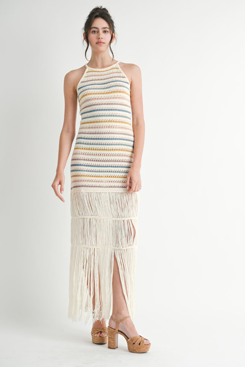HARVARD FRINGE CROCHET KNIT MIDI DRESS