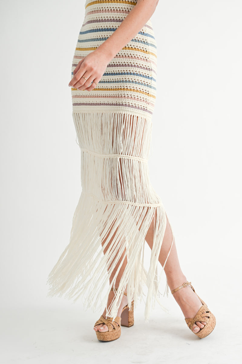 HARVARD FRINGE CROCHET KNIT MIDI DRESS