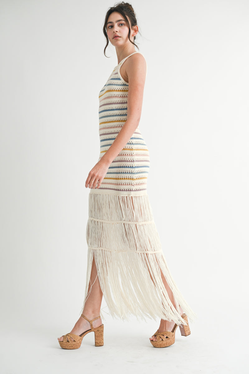 HARVARD FRINGE CROCHET KNIT MIDI DRESS