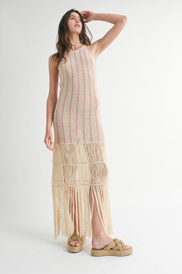 LEILANA FRINGE CROCHET KNIT MIDI DRESS