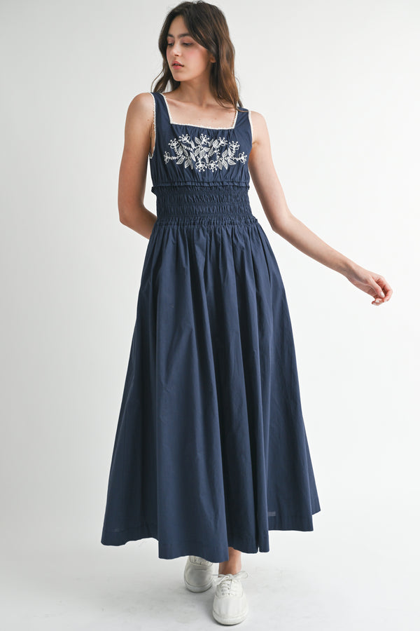 NAESSA EMBROIDERED SQUARE NECKLINE MIDI DRESS