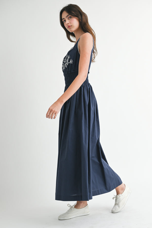 NAESSA EMBROIDERED SQUARE NECKLINE MIDI DRESS