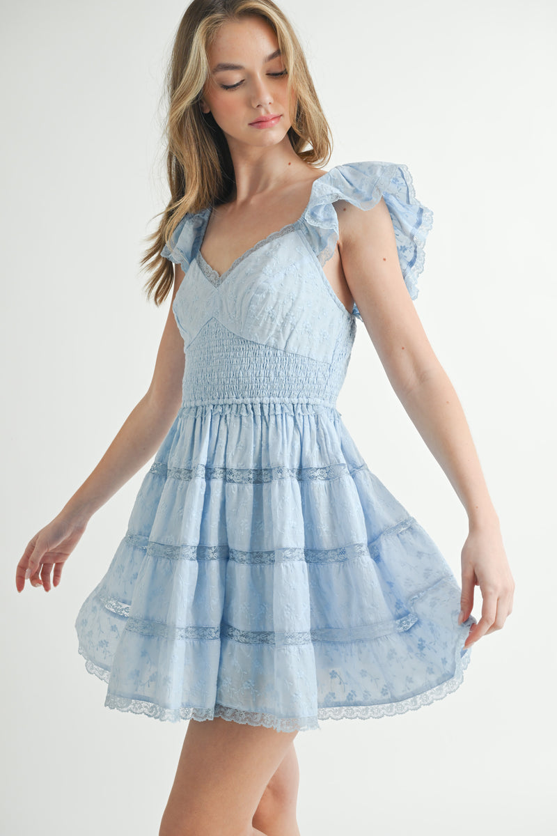 MELROSE EYELET LACE SMOCKED MINI DRESS
