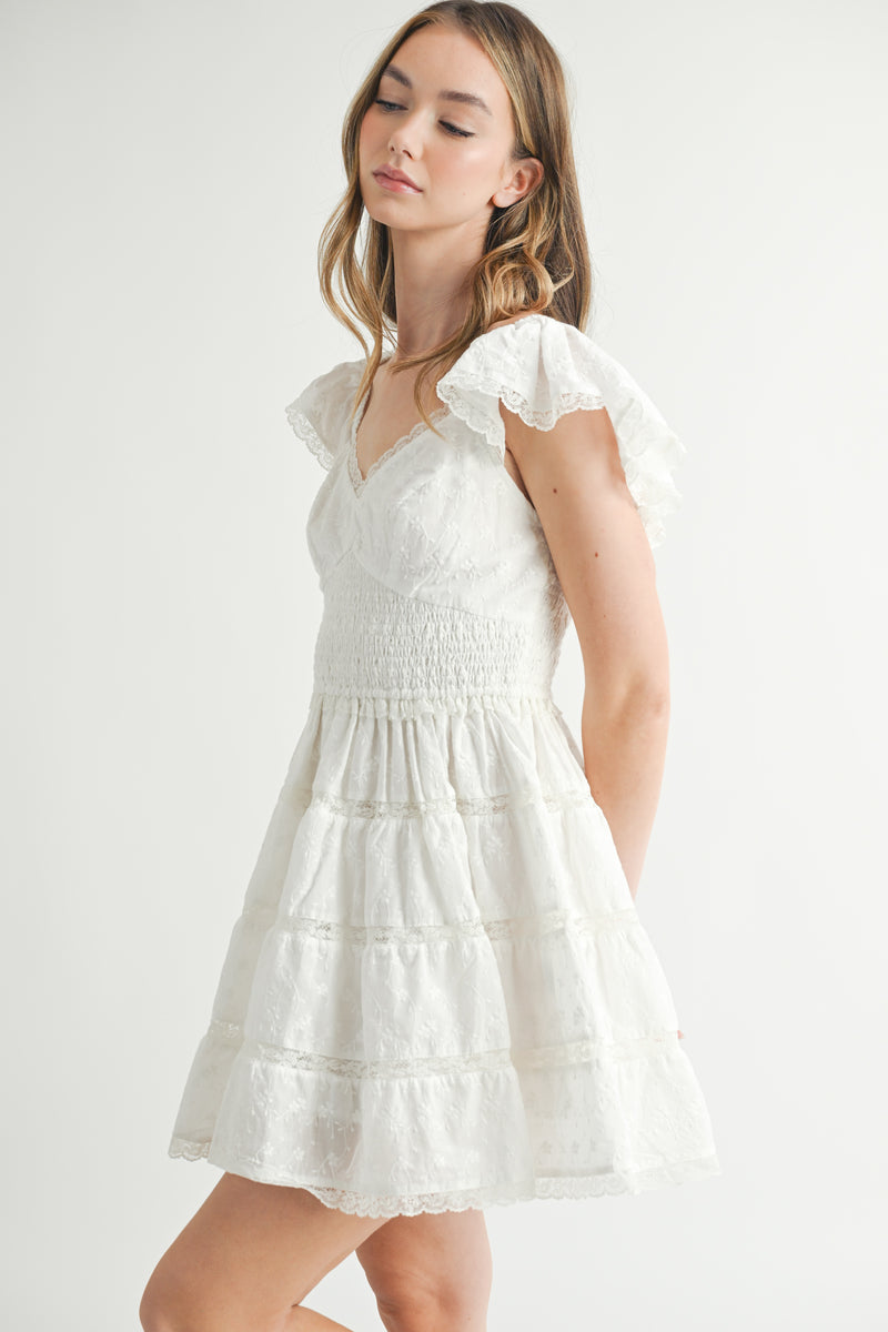 MELROSE EYELET LACE SMOCKED MINI DRESS
