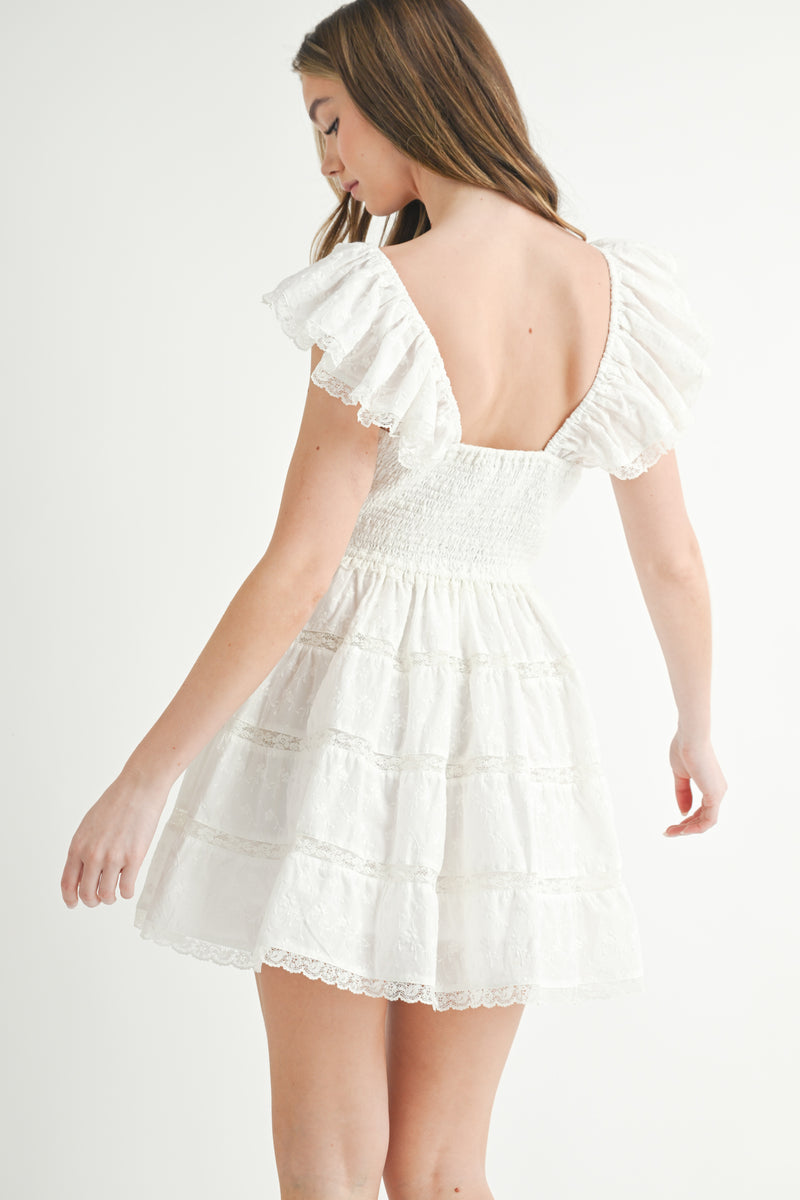 MELROSE EYELET LACE SMOCKED MINI DRESS