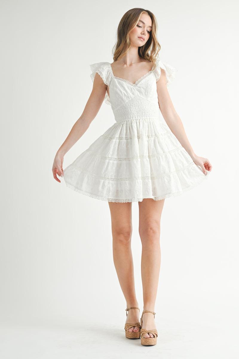 MELROSE EYELET LACE SMOCKED MINI DRESS
