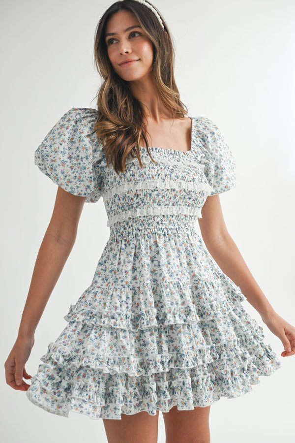 SABRIEL FLORAL LACE TRIM MINI DRESS WITH SKIRT RUFFLE