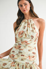 ZOYA FLORAL PRINTED RUCHED BODICE HALTER MIDI DRESS
