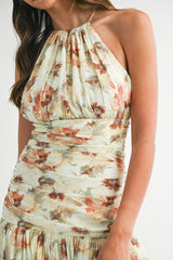 ZOYA FLORAL PRINTED RUCHED BODICE HALTER MIDI DRESS