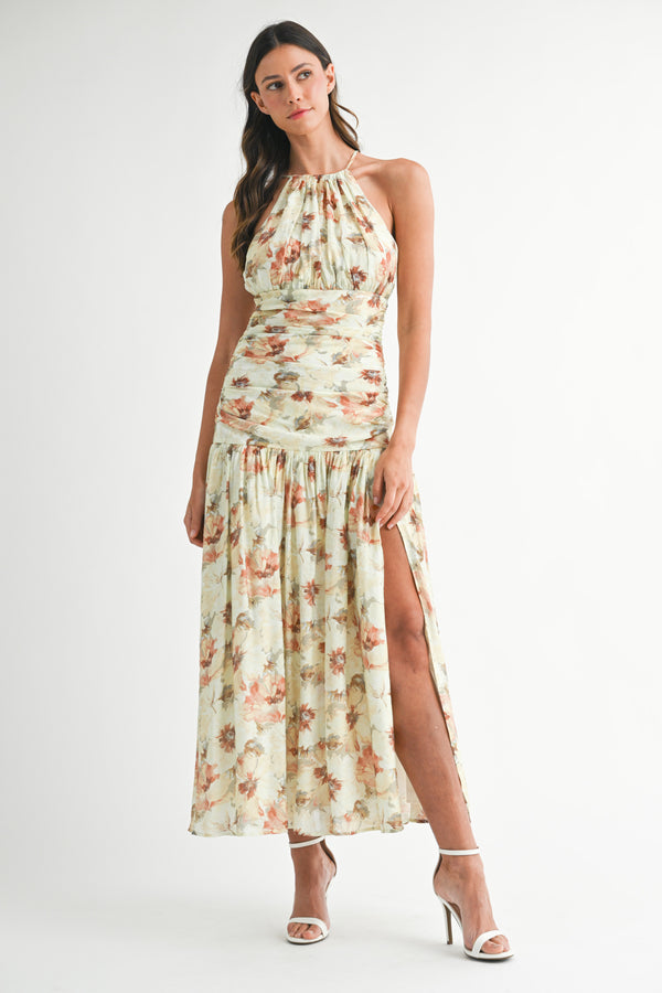ZOYA FLORAL PRINTED RUCHED BODICE HALTER MIDI DRESS