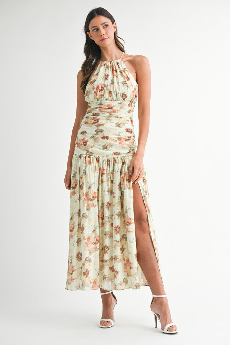 ZOYA FLORAL PRINTED RUCHED BODICE HALTER MIDI DRESS
