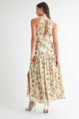 ZOYA FLORAL PRINTED RUCHED BODICE HALTER MIDI DRESS