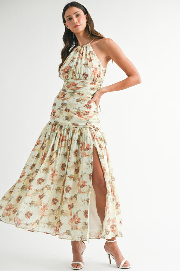 ZOYA FLORAL PRINTED RUCHED BODICE HALTER MIDI DRESS
