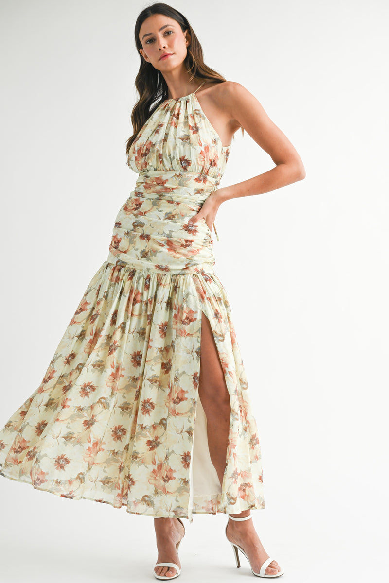 ZOYA FLORAL PRINTED RUCHED BODICE HALTER MIDI DRESS