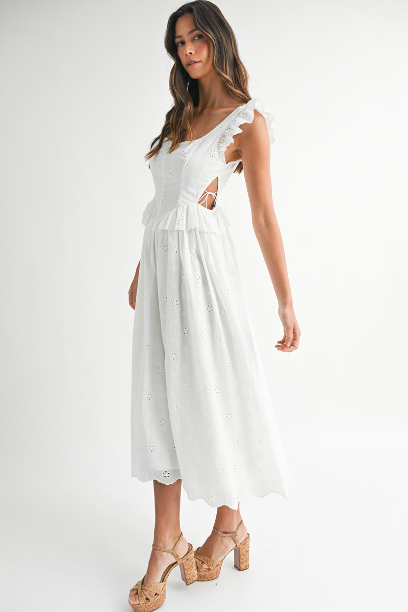 RILEY EYELET BUSTIER MIDI DRESS
