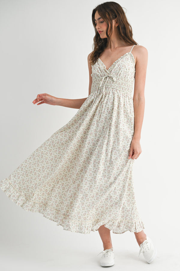 RAYNA SMOCKED FLARE MIDI DRESS