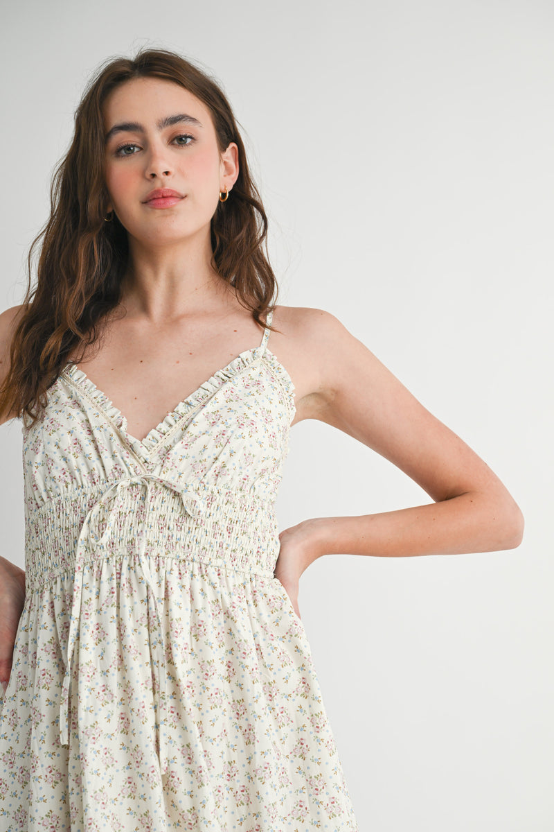 RAYNA SMOCKED FLARE MIDI DRESS