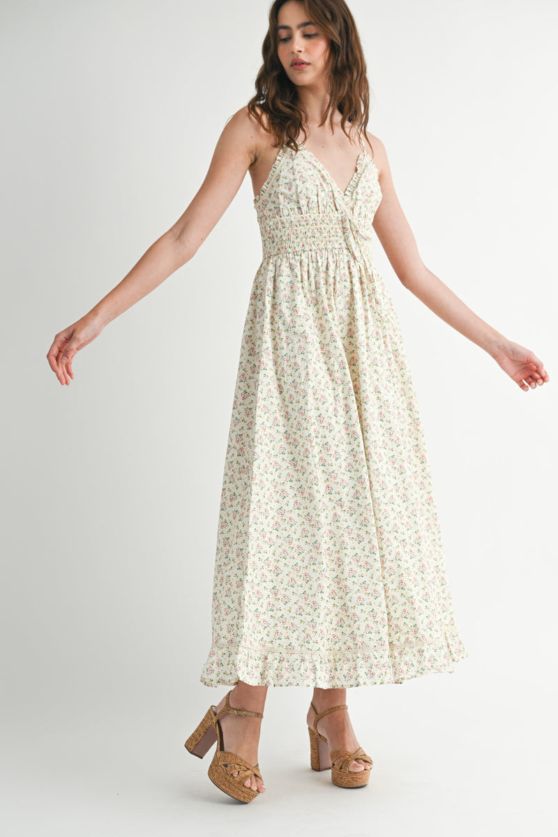 RAYNA SMOCKED FLARE MIDI DRESS