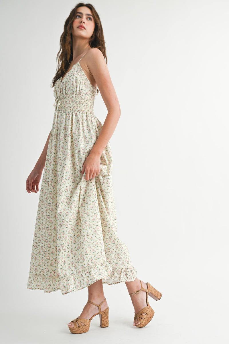 RAYNA SMOCKED FLARE MIDI DRESS