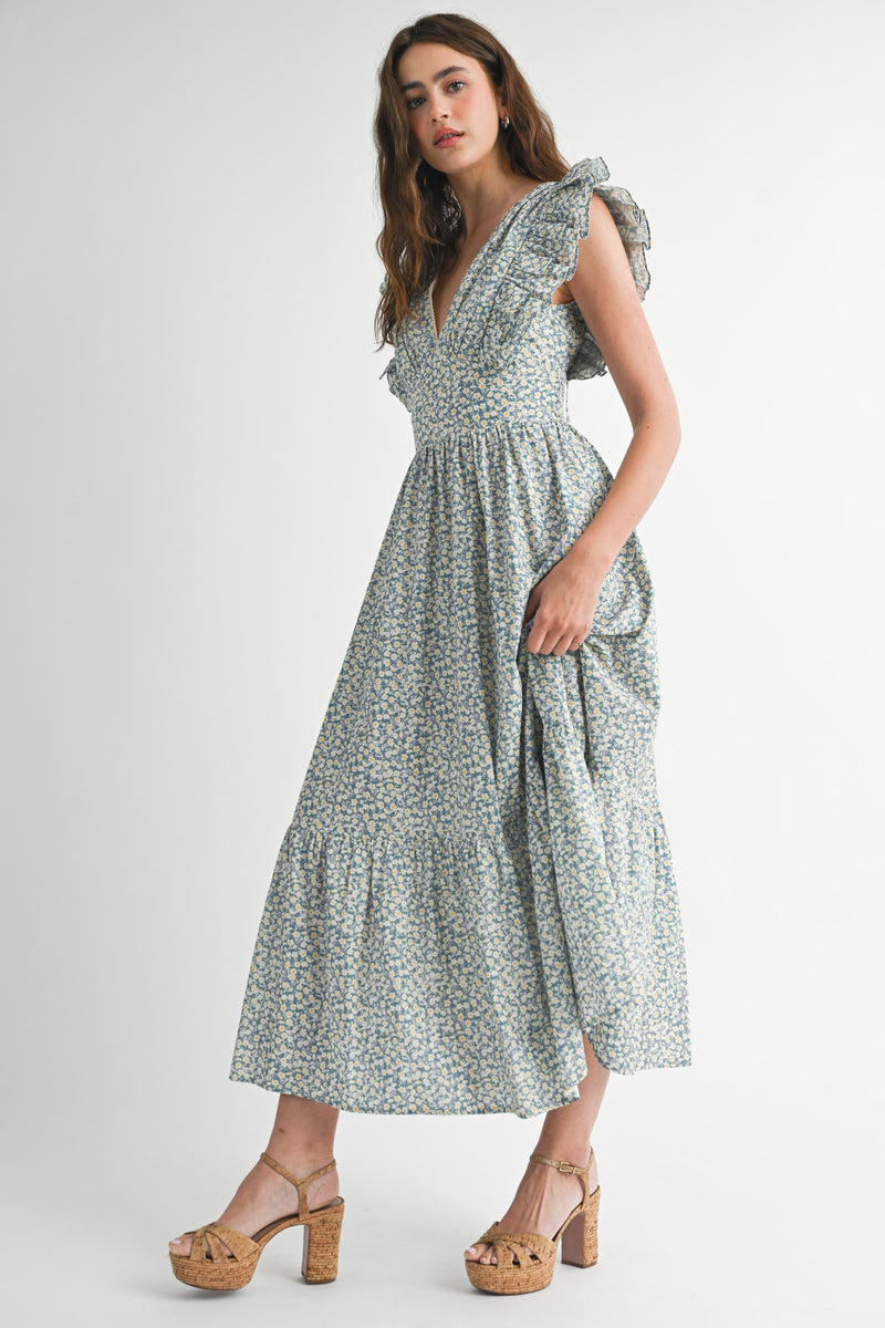 SARAI FLUTTER SLEEVE MIDI DRESS