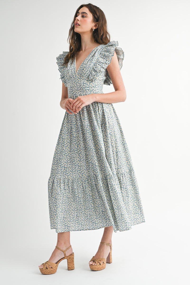 SARAI FLUTTER SLEEVE MIDI DRESS