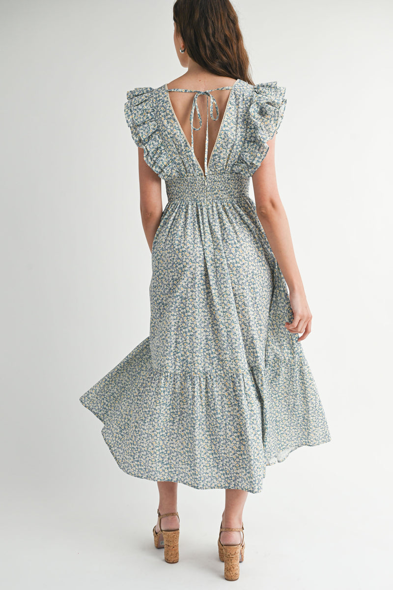 SARAI FLUTTER SLEEVE MIDI DRESS
