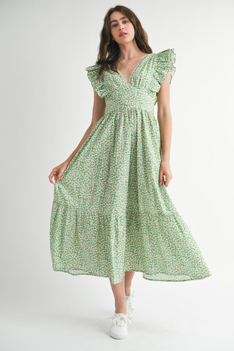SARAI FLUTTER SLEEVE MIDI DRESS