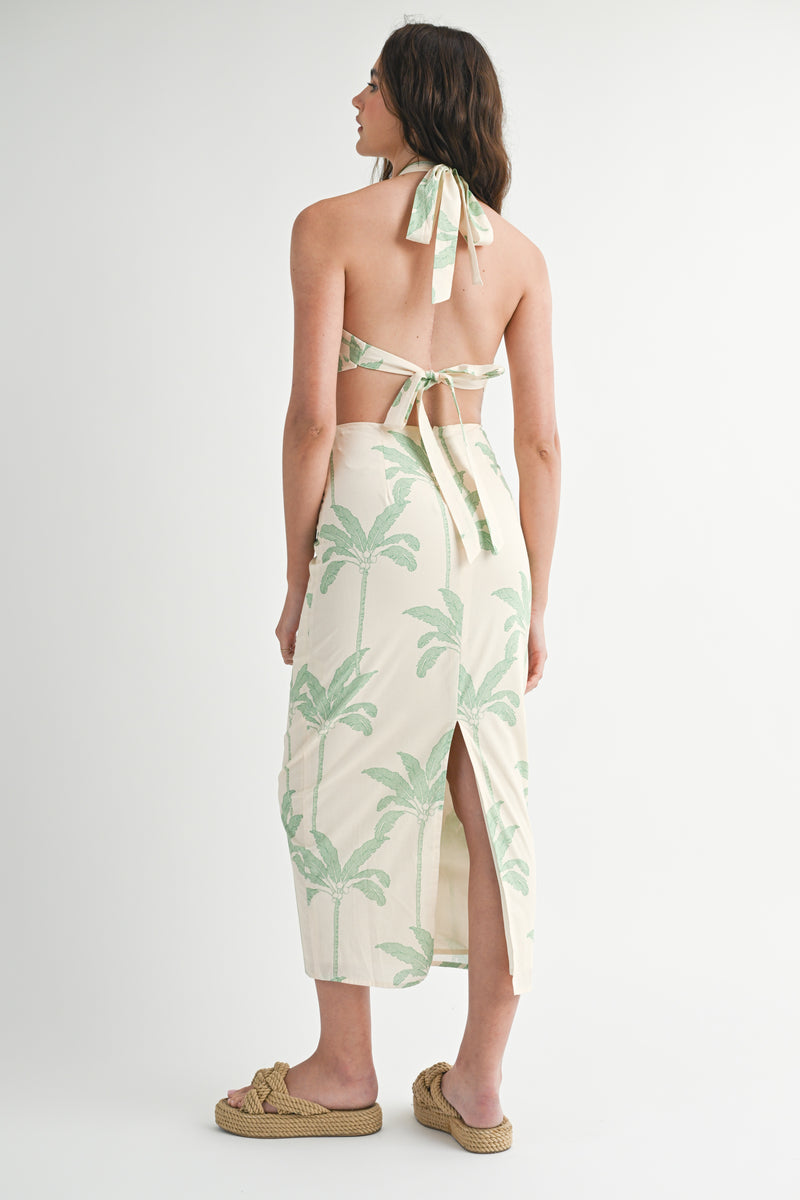 ROWAN PALM TREE PRINT HALTERNECK MIDI DRESS