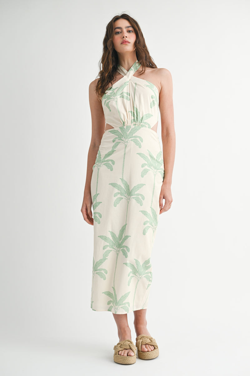 ROWAN PALM TREE PRINT HALTERNECK MIDI DRESS