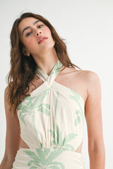 ROWAN PALM TREE PRINT HALTERNECK MIDI DRESS