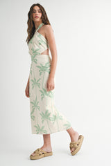 ROWAN PALM TREE PRINT HALTERNECK MIDI DRESS