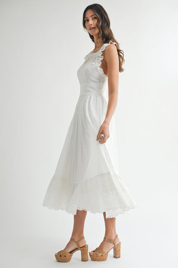 ZAHRA EYELET RUFFLE MIDI DRESS