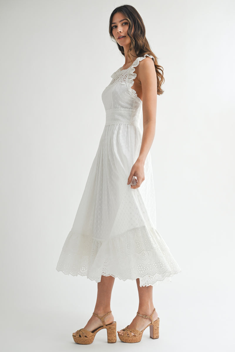 white ruffle midi dress ZAHRA EYELET RUFFLE MIDI DRESS – Mable Clothing