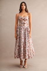 LYRIC FLORAL ORGANZA SPAGHETTI STRAP MIDI DRESS
