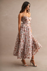 LYRIC FLORAL ORGANZA SPAGHETTI STRAP MIDI DRESS