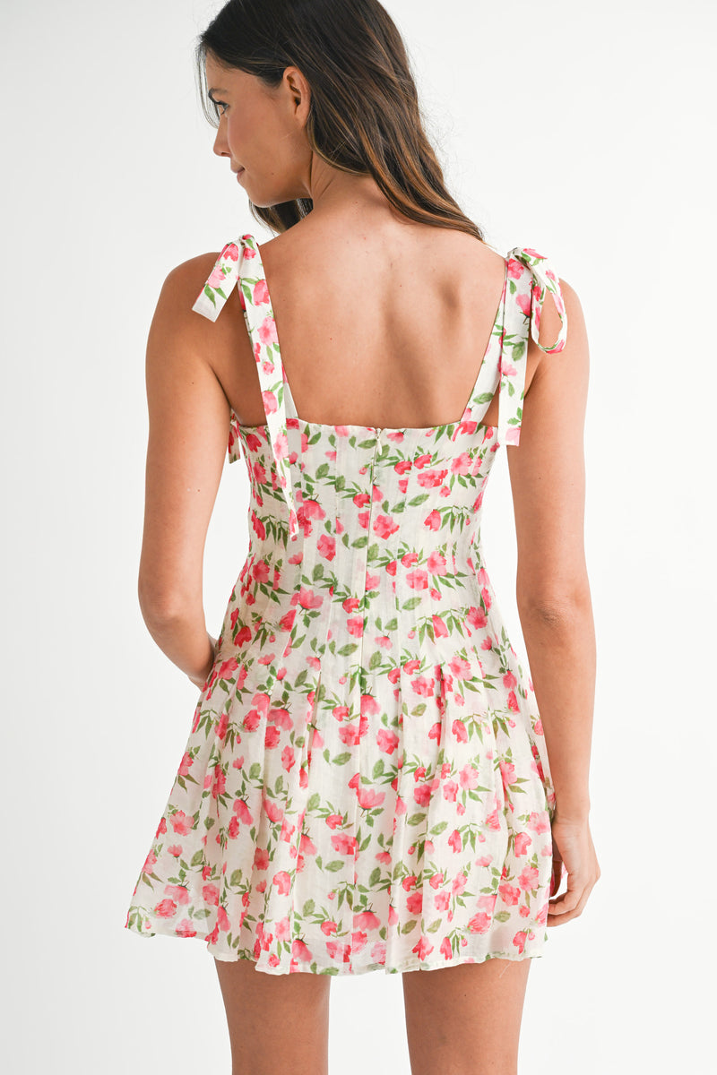 ELENA PLEATED MINI DRESS WHITE BOW STRAP