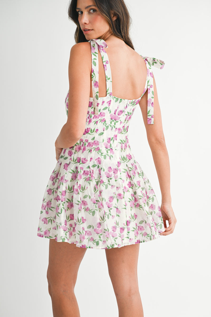 ELENA PLEATED MINI DRESS WHITE BOW STRAP