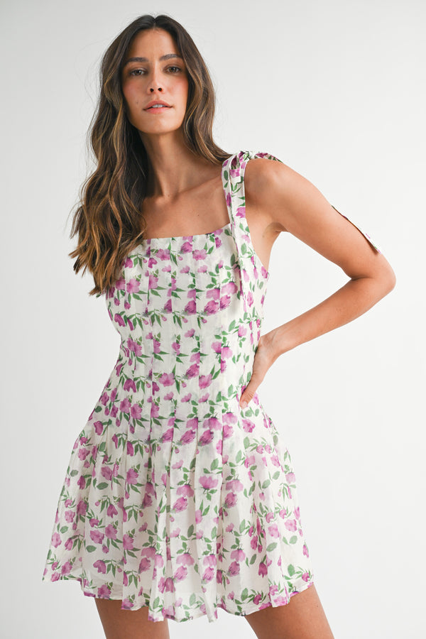 ELENA PLEATED MINI DRESS WHITE BOW STRAP