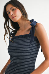 REHAYY SMOCKED SHOUDLER TIE DRESS