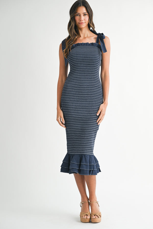 REHAYY SMOCKED SHOUDLER TIE DRESS