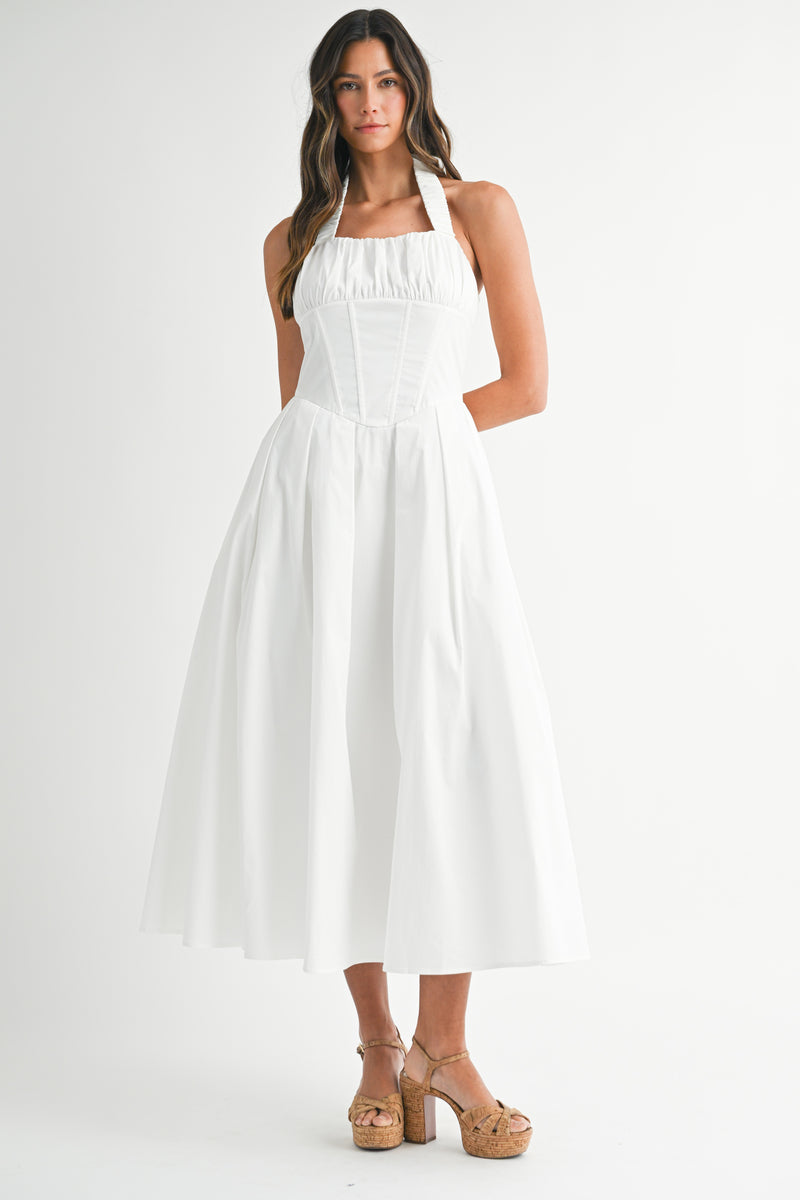 KINSLEY BUSTIER BODICE HALTER NECK MIDI DRESS