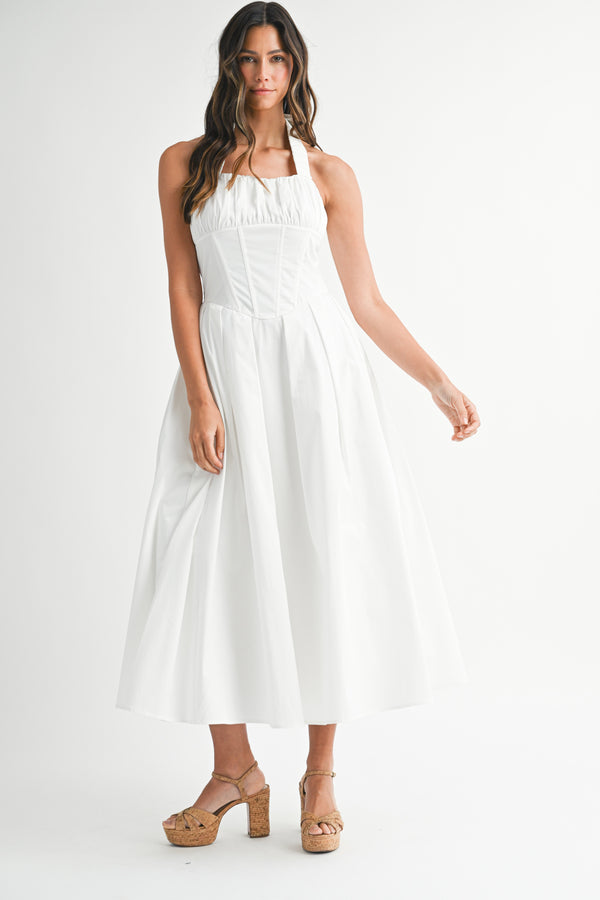 KINSLEY BUSTIER BODICE HALTER NECK MIDI DRESS