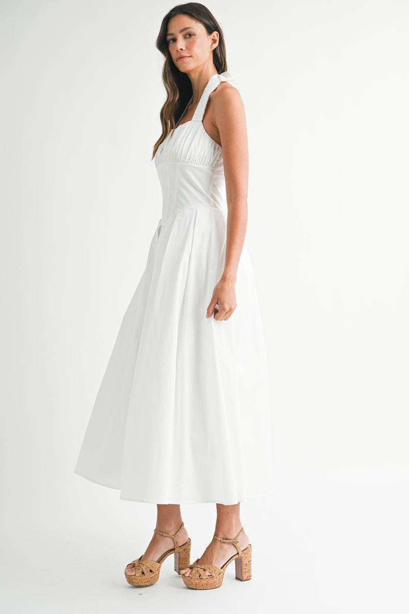 KINSLEY BUSTIER BODICE HALTER NECK MIDI DRESS