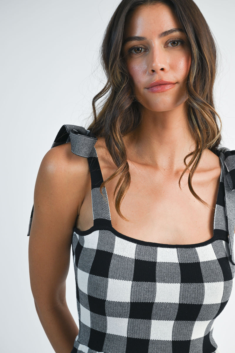 PAISLEY GINGHAM HALTER KNIT MINI DRESS