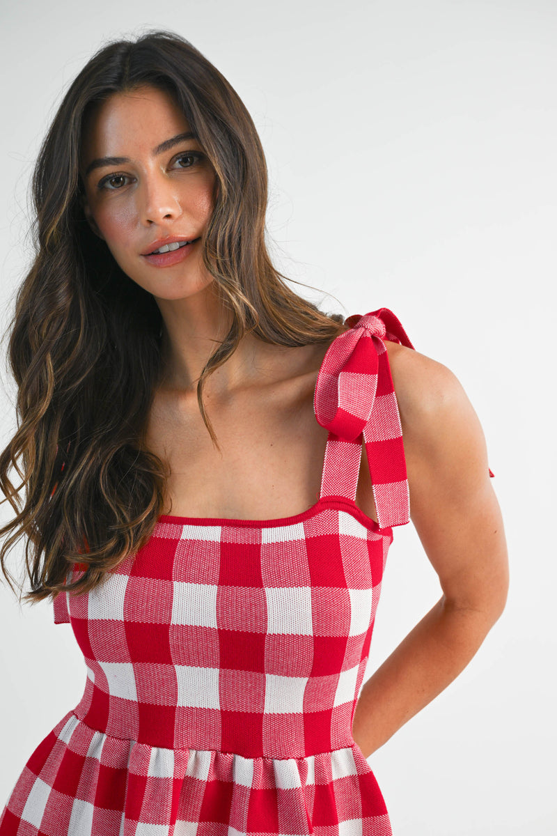 PAISLEY GINGHAM HALTER KNIT MINI DRESS