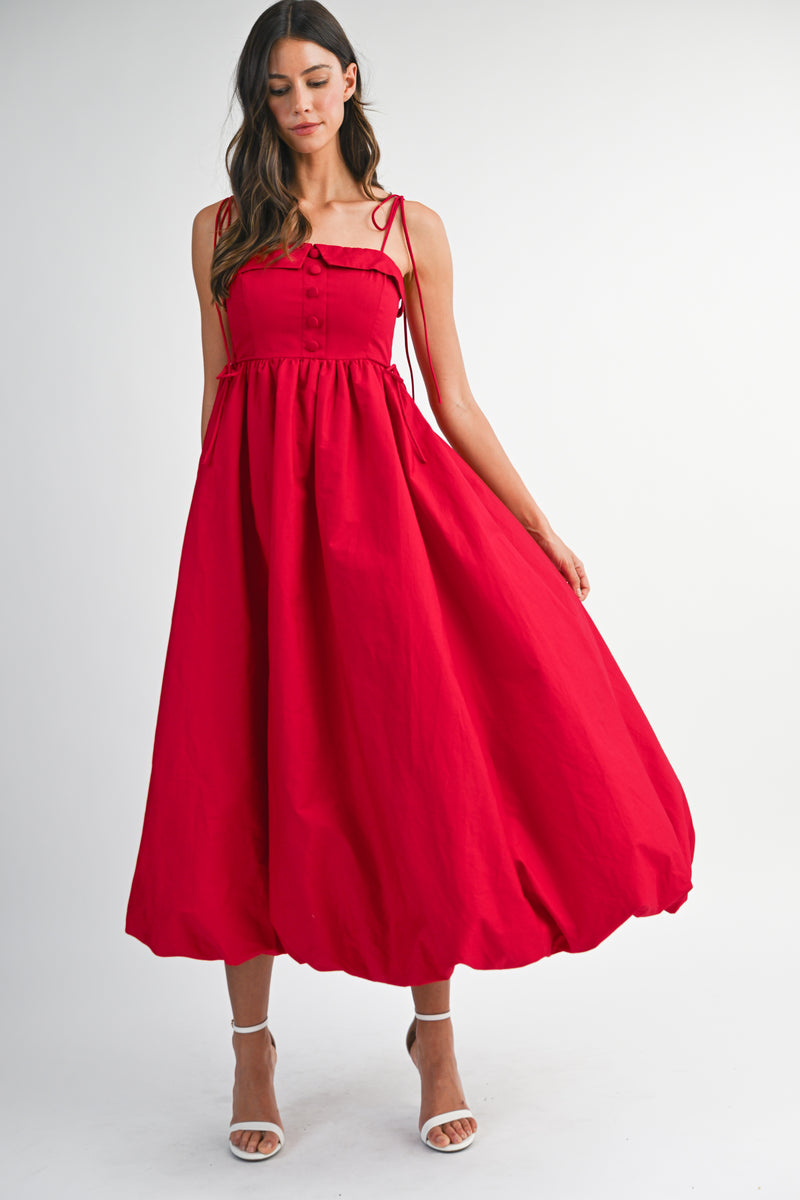 VIVIJI BUTTON DOWN FRONT BUBBLE HEM MIDI DRESS